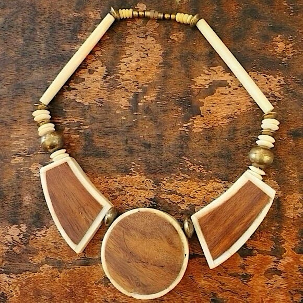 Native American Style Tea Stained Hairpipe Bone Mahogany Wood Brass Necklace